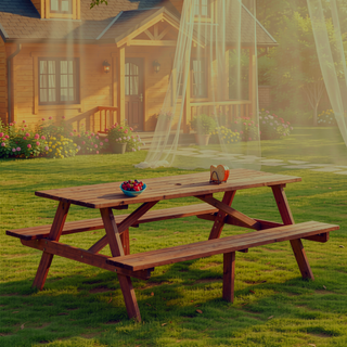 Sunvega Fir Wood Picnic Table with 2 Benches 75 Inch Dining Surface 2220lb Capacity