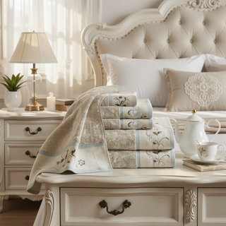 Sunvega Elegant Cotton Jacquard 6 Piece Towel Set with Floral Embroidery