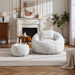 Sunvega Modern Pumpkin Shape Bean Bag Chair with Ottoman for Living Room