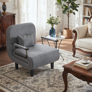 Sunvega Folding Grey Linen Sofa Bed Chair with Pillow for Small Room