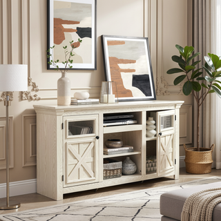 Sunvega Farmhouse TV Stand with 2 Doors and Open Storage for Media Console