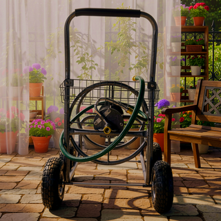 Sunvega 4 Wheel Heavy Duty Water Hose Reel Cart with Storage Basket and Weather Resistant Finish