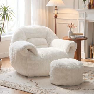 Sunvega Faux Fur Bean Bag Sofa Chair with Back Support and Footstool for Adults