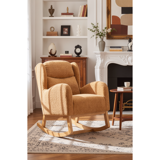 Sunvega Teddy Fabric Rocking Chair With Wood Legs For Living Room And Bedroom