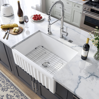 Sunvega 33 Inch White Porcelain Ceramic Farmhouse Kitchen Sink Workstation with Reversible Apron