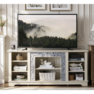 Sunvega Modern Faux Stacked Stone Mantel TV Media Stand with Open Storage