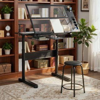 Sunvega Adjustable Height Drafting Table with Tiltable Tempered Glass Top and Stool