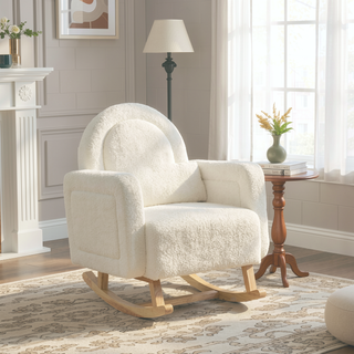 Sunvega Cream White Teddy Velvet Accent Rocking Chair with Curved Back and Pillow