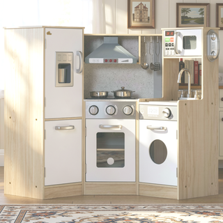 Sunvega Kids Wooden Kitchen Playset with Sound Effects and Stainless Steel Accessories