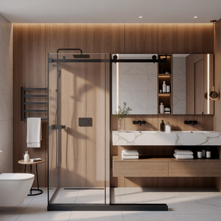 Sunvega Frameless Single Sliding Shower Door with Clear Tempered Glass and Matte Black Finish