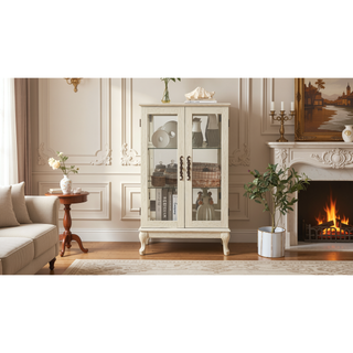 Sunvega American Retro Style Glass Curio Cabinet with Illuminated Display and Mirrored Back