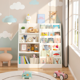 Sunvega Multifunctional 4 Tier Wooden Kids Bookshelf and Toy Storage Organizer with Display Stand