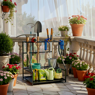 Sunvega 3-Tier Garden Tool Storage Rack with Hooks for Long-Handled Tools and Brooms