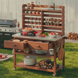Sunvega Fir Wood Outdoor Potting Bench with Stainless Steel Top and Lockable Wheels