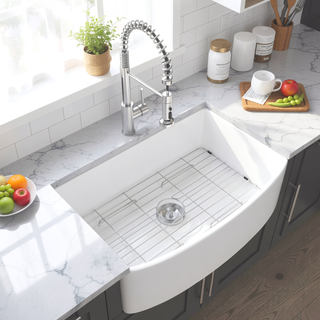 Sunvega 33 Inch White Porcelain Ceramic Farmhouse Kitchen Sink Workstation with Reversible Apron