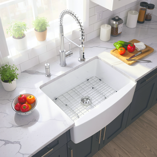 Sunvega 33 Inch White Porcelain Ceramic Farmhouse Kitchen Sink Workstation with Reversible Apron
