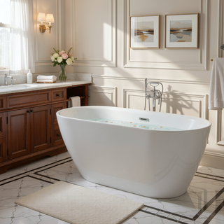 Sunvega 59 Inch Acrylic Freestanding Soaking Tub with Gold Overflow Drain