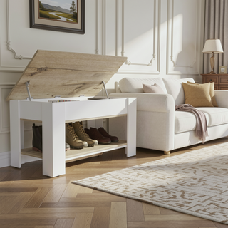 Sunvega Lift Top Storage Table with Metal Hinges in Light Oak and White Finish