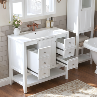 Sunvega 36 Inch Bathroom Vanity Cabinet Base with Drawers and Open Shelf in Black