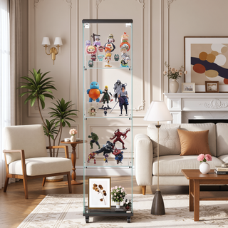 Sunvega 4 Tier Glass Display Cabinet with Lock and Wheels for Living Room