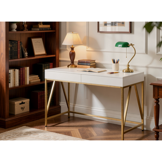 Sunvega White High Gloss Vanity Desk with Gold Finish and 2 Storage Drawers