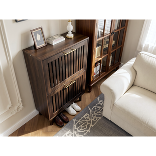 Sunvega Walnut Farmhouse Buffet Cabinet with Louvered Doors and Adjustable Shelves