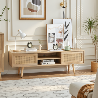Sunvega Rattan Woven Coffee Table with Sliding Door Storage and Solid Wood Legs