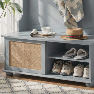 Sunvega Hall Tree Storage Bench with Rattan Door and Shoe Rack for Entryway