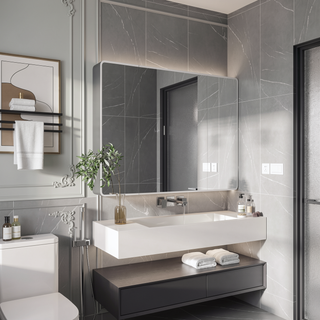 Sunvega Aluminium Medicine Cabinet Mirror with LED Light Defogging Function Cosmetic Storage Rack