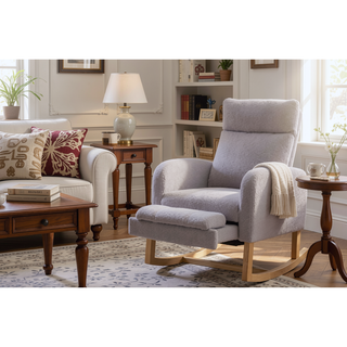 Sunvega Teddy Fabric Rocking Chair With Wood Legs For Living Room And Bedroom