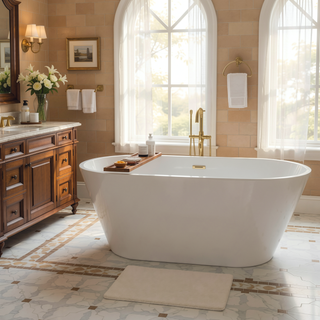 Sunvega 59 Inch Acrylic Freestanding Soaking Tub with Gold Overflow Drain