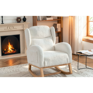 Sunvega Teddy Fabric Rocking Chair With Wood Legs For Living Room And Bedroom