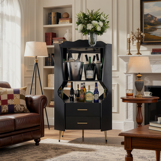 Sunvega Corner Bar Cabinet with Mirrored Back and 2 Drawers for Living Room