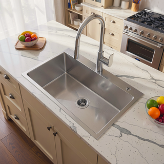 Sunvega 32x19 Inch Overmount Single Bowl Kitchen Sink in Brushed Nickel