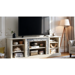 Sunvega 70.12" White Faux Stacked Stone Media Console with Large Storage Cabinet