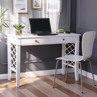 Sunvega White Writing Desk with Lattice Side Panels and Two Drawers