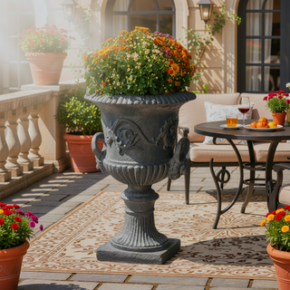 Sunvega Roman Design Concrete Chalice Urn Planter with Botanical Accents for Garden
