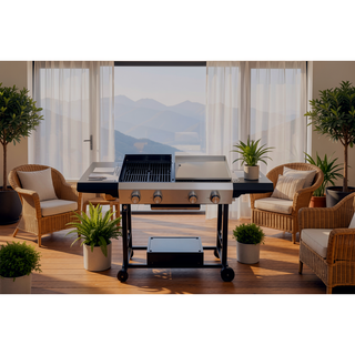 Sunvega 2 Burner Gas and Plancha Combo Grill with Cast Iron Grids and Enameled Stove Body