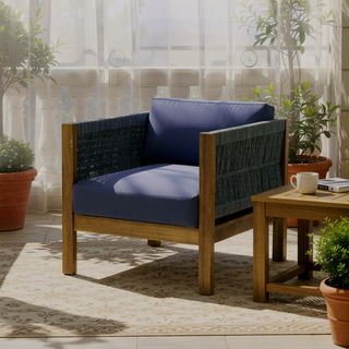 Sunvega Modern Acacia Wood Rattan Loveseat Set with Water-Resistant Cushions