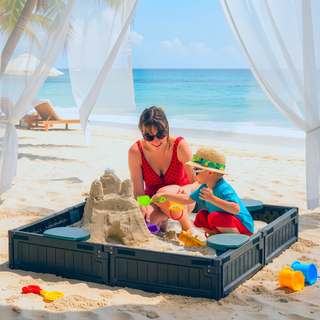 Sunvega Kids Outdoor Sandbox with Cover, 4 Built-in Seats and Weatherproof Lid for Backyard