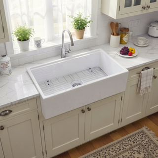 Sunvega 33 Inch White Porcelain Ceramic Farmhouse Kitchen Sink Workstation with Reversible Apron