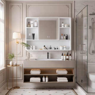 Sunvega Aluminium Medicine Cabinet Mirror with LED Light Defogging Function Cosmetic Storage Rack