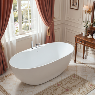 Sunvega Elegant 63" Solid Surface Deep Soaking Bathtub with Three Holes Faucet