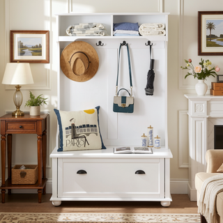 Sunvega Classic Coastal Style Entryway Bench with Open Shelves and Shoe Storage Cabinets