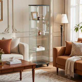 Sunvega 4 Tier Glass Display Cabinet with Lock and Wheels for Living Room
