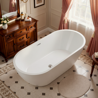 Sunvega 59 Inch Acrylic Freestanding Soaking Tub with Gold Overflow Drain