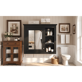 Sunvega Modern Wall Mounted Mirror Cabinet with 3 Open Shelves for Bathroom Storage
