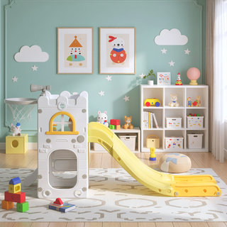 Sunvega 5-in-1 Indoor Toddler Slide Playset with Basketball Hoop and Climber