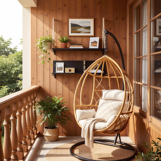 Sunvega Patio Wooden Swing Chair with Cushion and Pillows, Hanging Porch Bench for Garden and Backyard