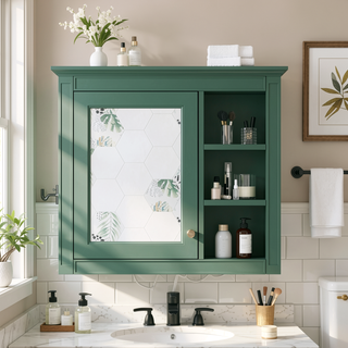 Sunvega Modern Wall Mounted Mirror Cabinet with 3 Open Shelves for Bathroom Storage